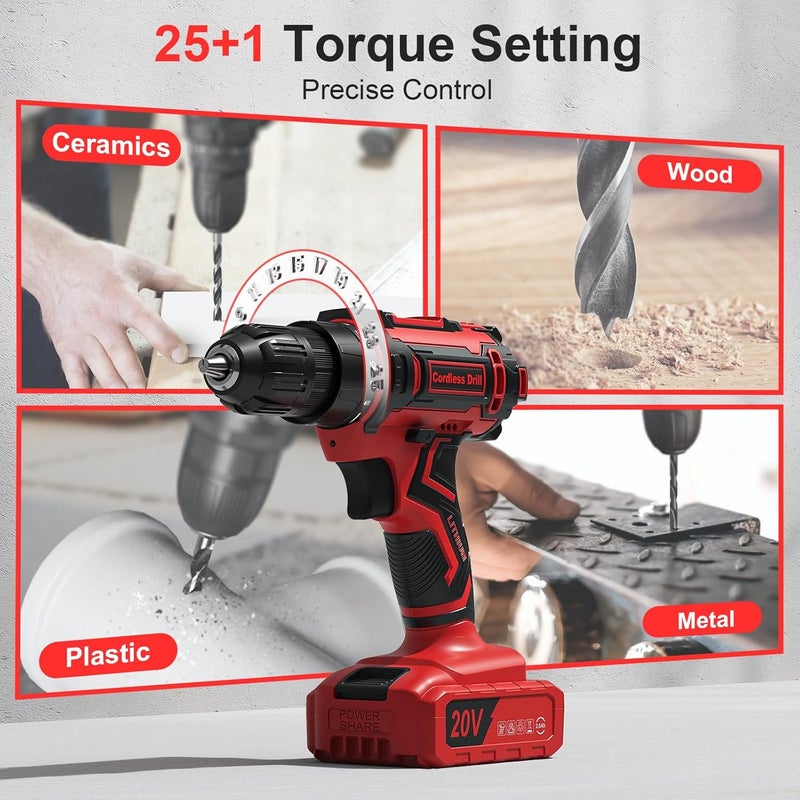 VIWKO Cordless Drill Set, 20V Power Drill with Power Pack 2.0Ah and Charger, 3/8-Inch Keyless Chuck Electricdrill, 25+1 Torque, 42pcs Drilldriver Bits/Screws for DIY Projects (Red) - Image 2